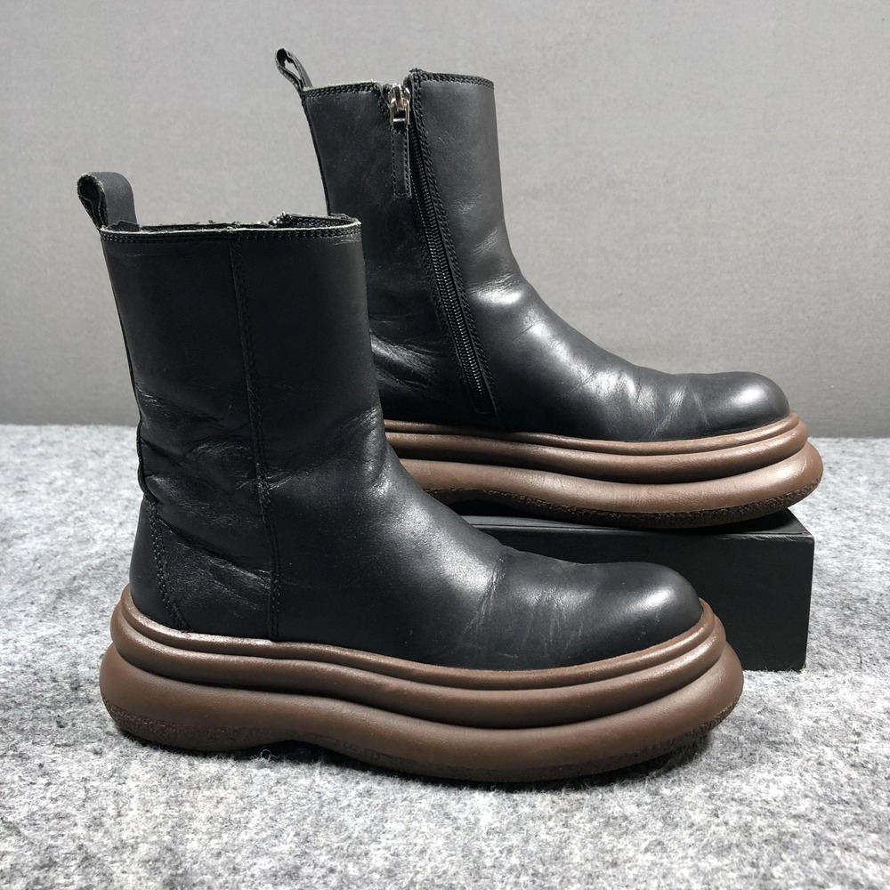 Zara Platform Ankle Boots Womens 6.5 Black Leather Brown Sole Round Toe Zip - Picture 2 of 16